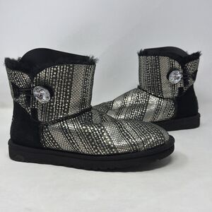 UGG Bailey Button Bling Mini Womens 7 Black Silver Sequin Boots 1003735